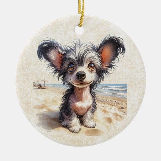 DigiPups Chinese Crested Puppy Hond Strand Scène Keramisch Ornament (Voorkant)