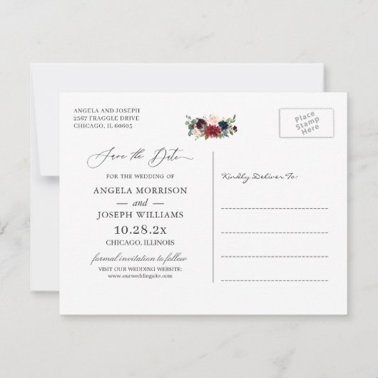 (Digitaal Briefkaart) Burgundy Blush Floral Weddin Save The Date (Achterkant)