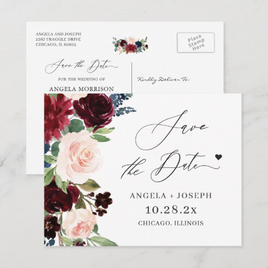 (Digitaal Briefkaart) Burgundy Blush Floral Weddin Save The Date (Voorkant / Achterkant)