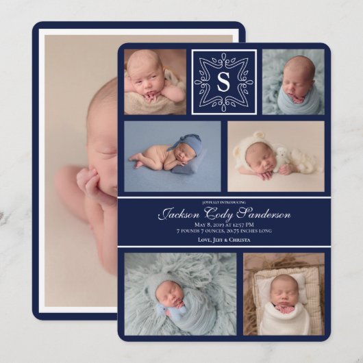 Digitaal downloadbaar babyjongetje marinemonogram aankondiging (Voorkant / Achterkant)