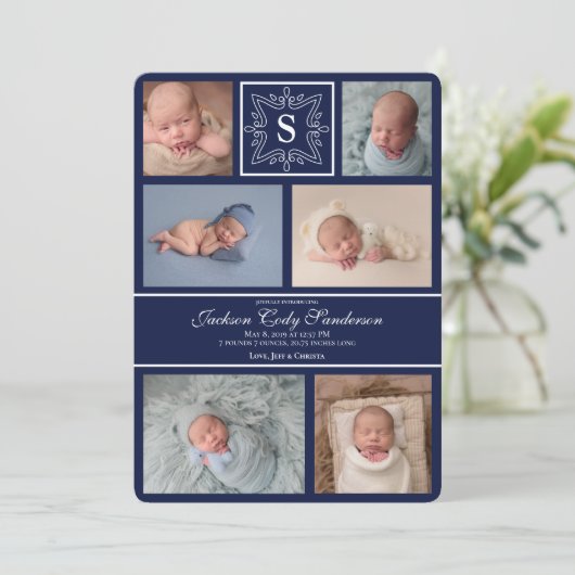 Digitaal downloadbaar babyjongetje marinemonogram aankondiging (Staand voorkant)