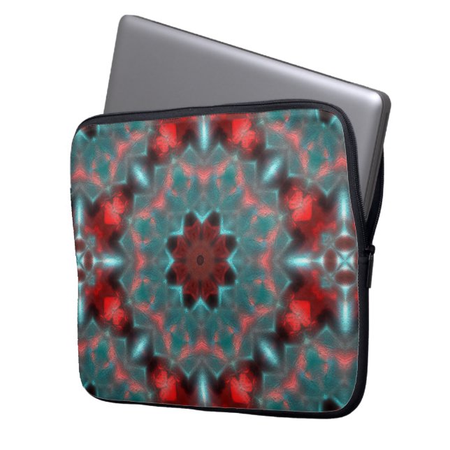 Digitaal gehammerd glas, rood en cyens laptop sleeve (Voorkant Links)