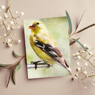 Digitaal geschilderde goudvink bij vogelveerbak briefkaart