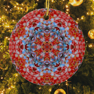 Digitaal Mandala Blauw Rood en Geel Keramisch Ornament