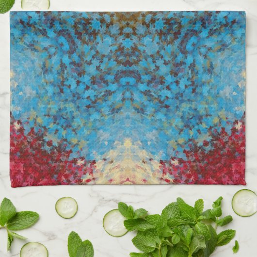 Digitaal Mandala Blauw Rood en Geel Theedoek (Gevouwen)