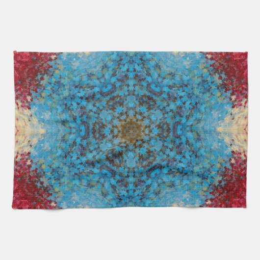 Digitaal Mandala Blauw Rood en Geel Theedoek (Horizontaal)