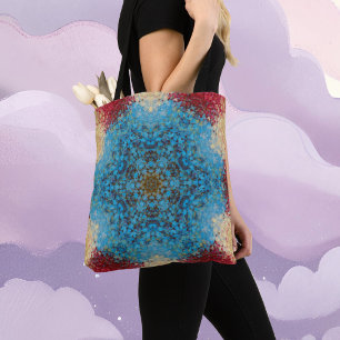 Digitaal Mandala Blauw Rood en Geel Tote Bag