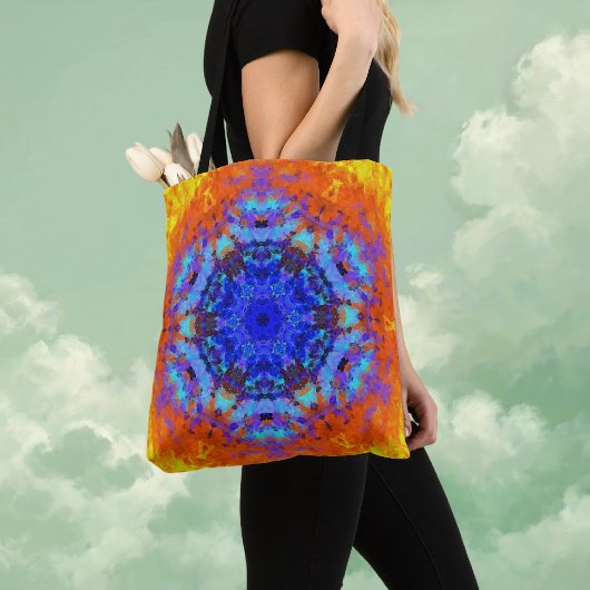 Digitaal Mandala Blauw Sinaasappel en Geel Tote Bag