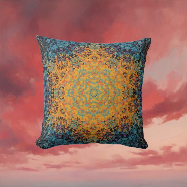 Digitaal Mandala Geel Blauw en Rood Kussen (Yellow Blue and Red Digital Mandala Throw Pillow by Wormhole Orbital)