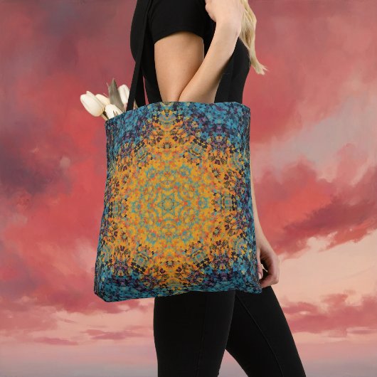 Digitaal Mandala Geel Blauw en Rood Tote Bag