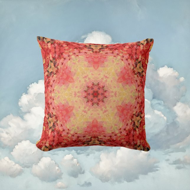 Digitaal Mandala Geel, Roze, en Rood Kussen (Yellow Pink and Red Digital Paint Mandala Throw Pillow By Wormhole Orbital)