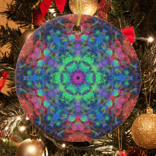 Digitaal Mandala Groen Blauw Sinaasappel en Roze Keramisch Ornament
