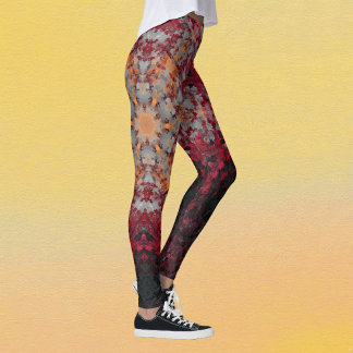 Digitaal Mandala Rood Wit Sinaasappel en Zwart Leggings