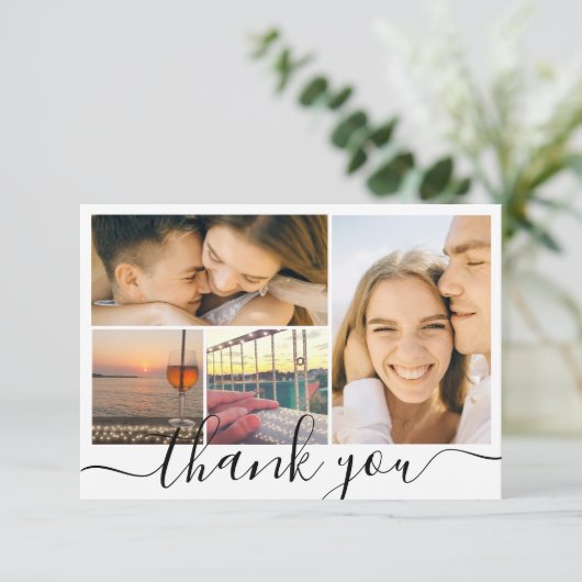 Digitaal minimaal dank u 4 fotocollage bruiloft kaart (Staand voorkant)