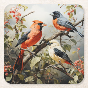 Digitaal schilderij van 3 kleurrijke vogels kartonnen onderzetters