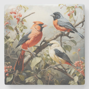 Digitaal schilderij van 3 kleurrijke vogels stenen onderzetter