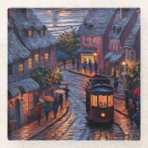 Digitaal schilderij van een mooie stad aan het wat glazen onderzetter