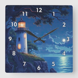 Digitaal schilderij van een vuurtoren in het maanl vierkante klok
