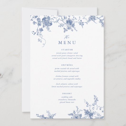 Digitaal Victoriaans Blauw Bloemen Tafel Menu Kaart (Voorkant)