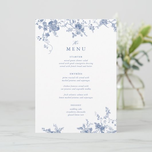 Digitaal Victoriaans Blauw Bloemen Tafel Menu Kaart (Staand voorkant)