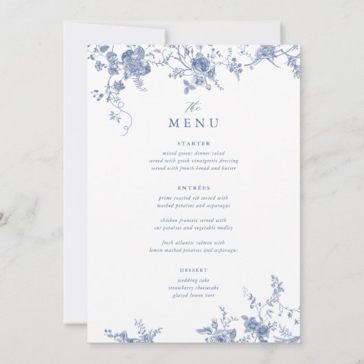 Digitaal Victoriaans Blauw Bloemen Tafel Menu Kaart (Achterkant)