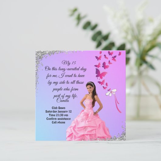 digital 15th birthday card, and butterfly  (Staand voorkant)