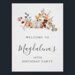 DIGITAL 30th Birthday Pompoen Bloem Welkom Perfect Poster<br><div class="desc">Een elegante witte waterverf pompoen is genesteld in herfstbladeren en bloemetjes. De verfijnde mix van diepe aardetinten en zachte pasteltinten creëer is een unieke esthetiek waar uw gasten dol op zullen zijn. Alle tekst is eenvoudig te bewerken,  zodat u alleen de juiste toon kunt instellen.</div>