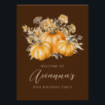 DIGITAL 90th Birthday Pumpkin Herfst Welkomstbord Perfect Poster<br><div class="desc">Elegante oranje waterverf pompoenen zijn omgeven door herfst en gebladerte. De rijke donkere achtergrond lijsten het tot in de perfectie,  waardoor het ideaal is voor een herfstverjaardagsfeestje. Verkrijgbaar op papier of als digitale download.</div>