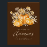 DIGITAL 90th Birthday Pumpkin Herfst Welkomstbord Perfect Poster<br><div class="desc">Elegante oranje waterverf pompoenen zijn omgeven door herfst en gebladerte. De rijke donkere achtergrond lijsten het tot in de perfectie,  waardoor het ideaal is voor een herfstverjaardagsfeestje. Verkrijgbaar op papier of als digitale download.</div>