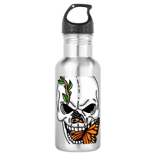 Digital Art Skull en Monarch Butterfly Waterfles (Voorkant)