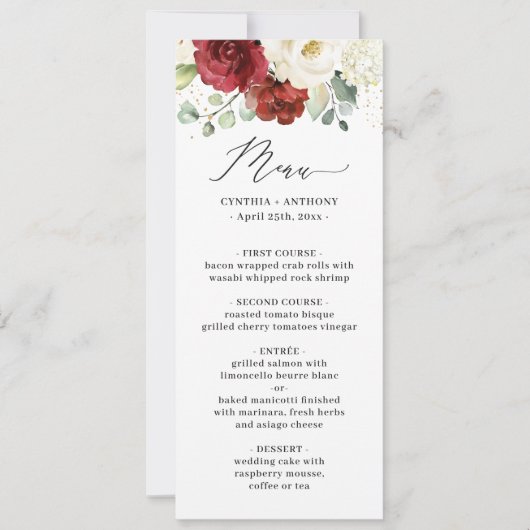 (Digital Avail) Rood Wit Bloemen Wedding Menu Kaar Kaart (Voorkant)