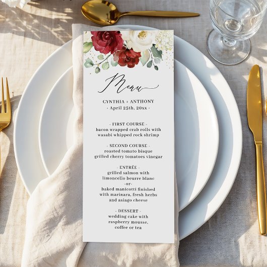 (Digital Avail) Rood Wit Bloemen Wedding Menu Kaar Kaart