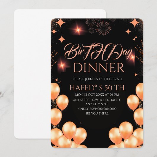 Digital Birthday Dinner Invitation Template, Black (Voorkant / Achterkant)