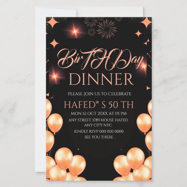 Digital Birthday Dinner Invitation Template, Black (Voorkant)