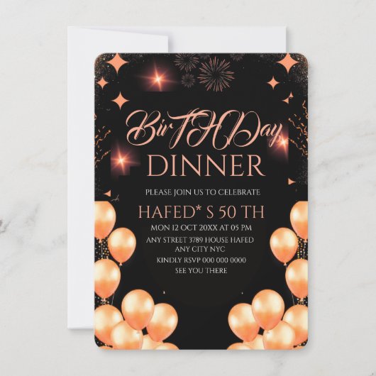 Digital Birthday Dinner Invitation Template, Black (Voorkant)