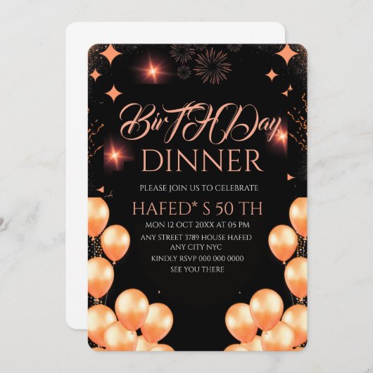 Digital Birthday Dinner Invitation Template, Black Kaart (Voorkant / Achterkant)