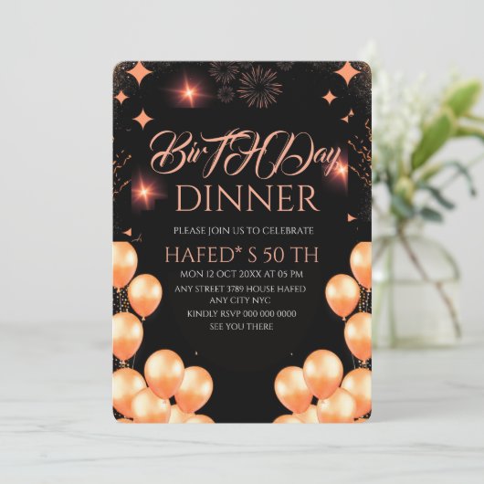 Digital Birthday Dinner Invitation Template, Black Kaart (Staand voorkant)