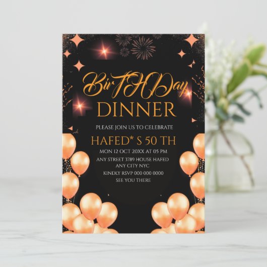 Digital Birthday Dinner Invitation Template, Black Kaart (Staand voorkant)