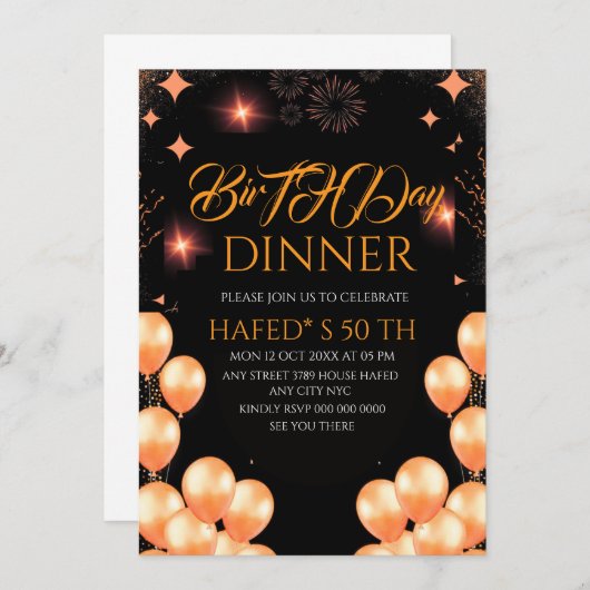 Digital Birthday Dinner Invitation Template, Black Kaart (Voorkant / Achterkant)