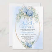 Digital Blue Hydrangea Gold Sweet Sixteen Invite Kaart (Voorkant)