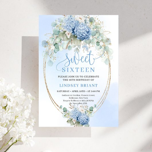 Digital Blue Hydrangea Gold Sweet Sixteen Invite Kaart