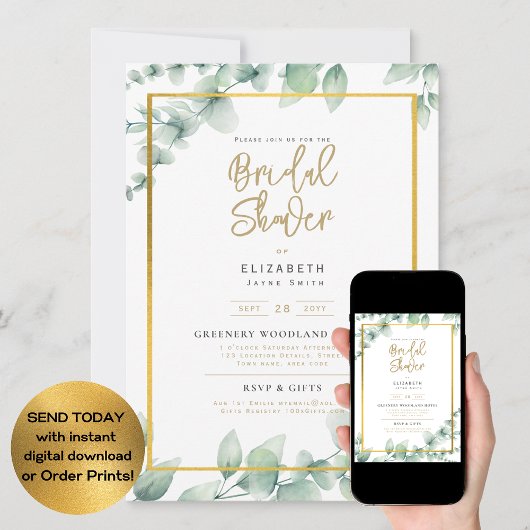 DIGITAL Bridal Shower Invitation Greenery Gold Kaart