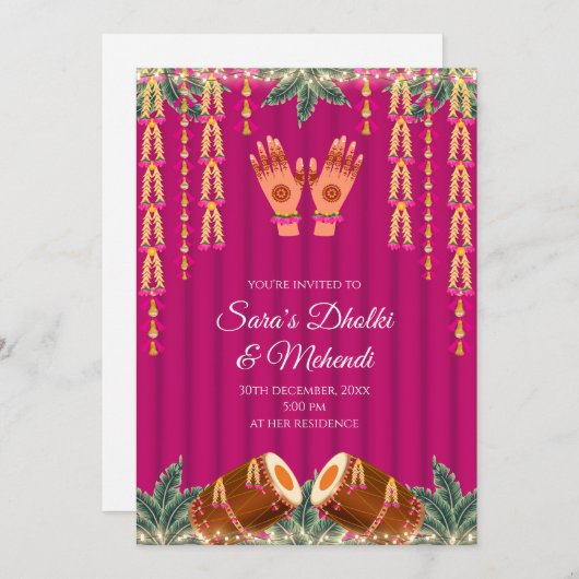 Digital Dholki invitations Mehndi invite, Digital  Kaart (Voorkant / Achterkant)