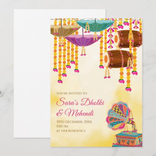 Digital Dholki invites Mehndi invitations, Mehndi Kaart (Voorkant / Achterkant)
