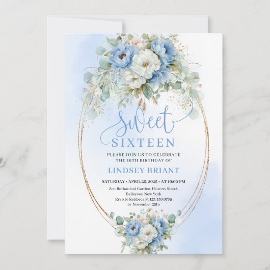 Digital Dusty Blue Floral Script Sweet 16 Invite Kaart (Voorkant)