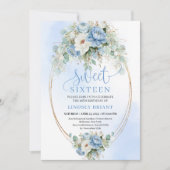 Digital Dusty Blue Peony Gold Sweet Sixteen Invite Kaart (Voorkant)