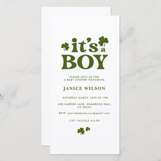 Digital Evite is a Boy St. Patrick's Day Baby Aankondiging (Voorkant / Achterkant)