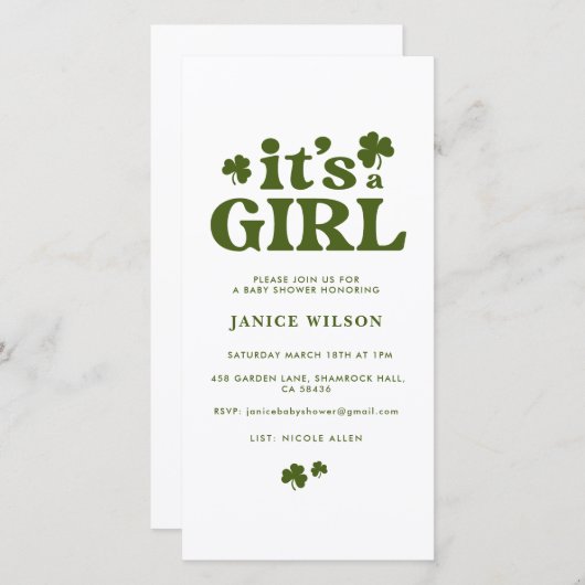 Digital Evite is een Girl St. Patrick's Day Baby Aankondiging (Voorkant / Achterkant)