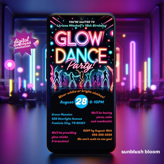 Digital Glow in the Dark Dance Uitnodiging voor ve