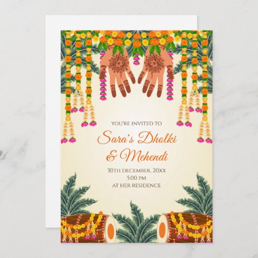 Digital Mehndi nodigt Digital Dholki uit Kaart (Voorkant / Achterkant)